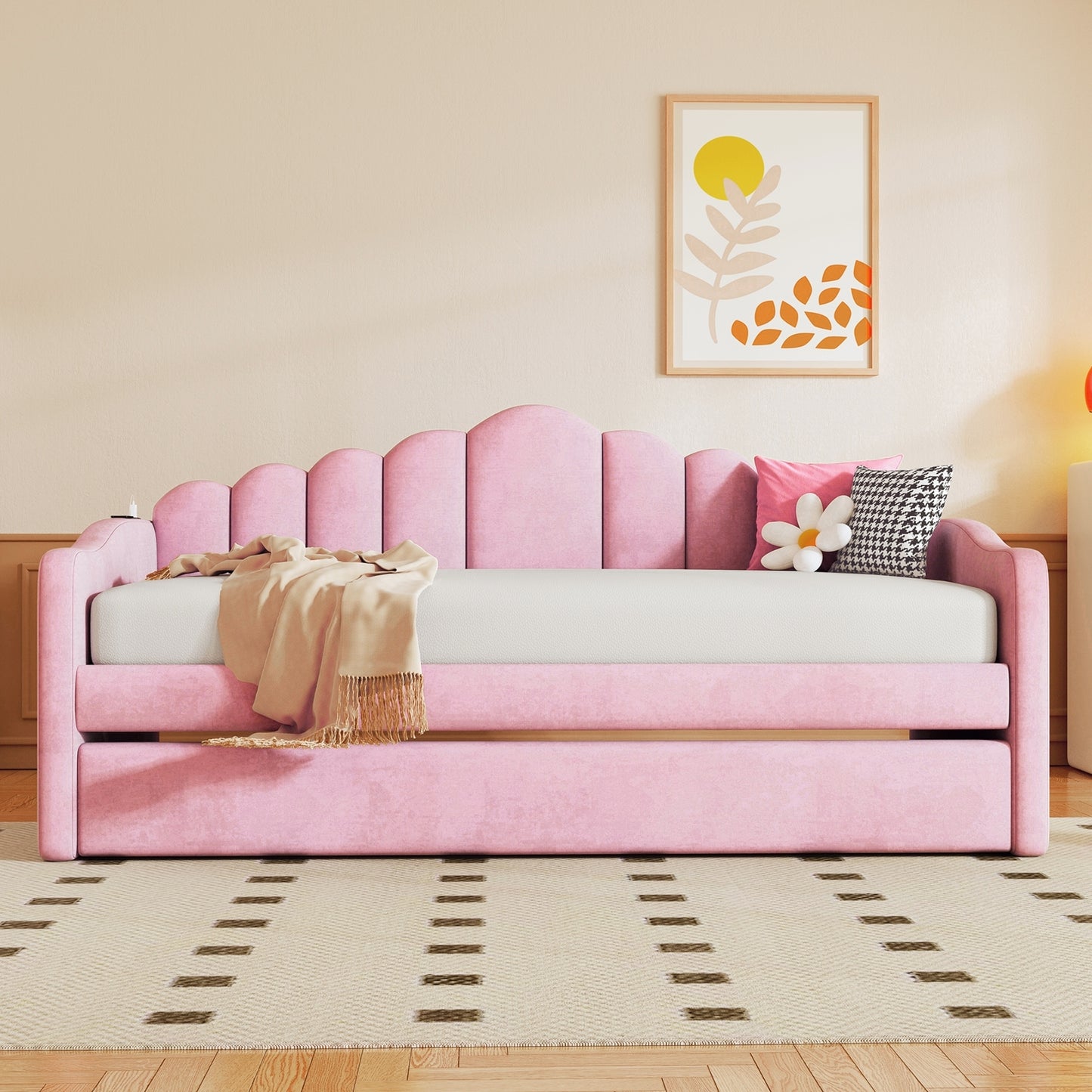 Twin Size Upholstered Daybed With Trundle ,Velvet Sofabed With USB Charging Ports,No Box-spring Needed,
