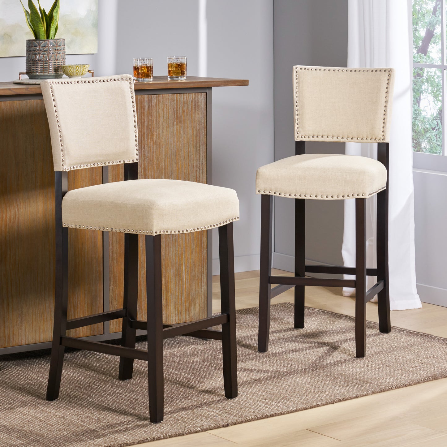 Barstools With Rivet Decoration Set Of 2 , Wood Frame,fabric Sponge Cushion And Upholstered Barstools, Bar Chairs For Kitchen Island,Bedroom,Dining Room.