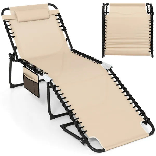Oversized Patio Chaise Lounge, 27 Wide 4-Position Adjustable Backrest Folding Tanning Chair-Beige