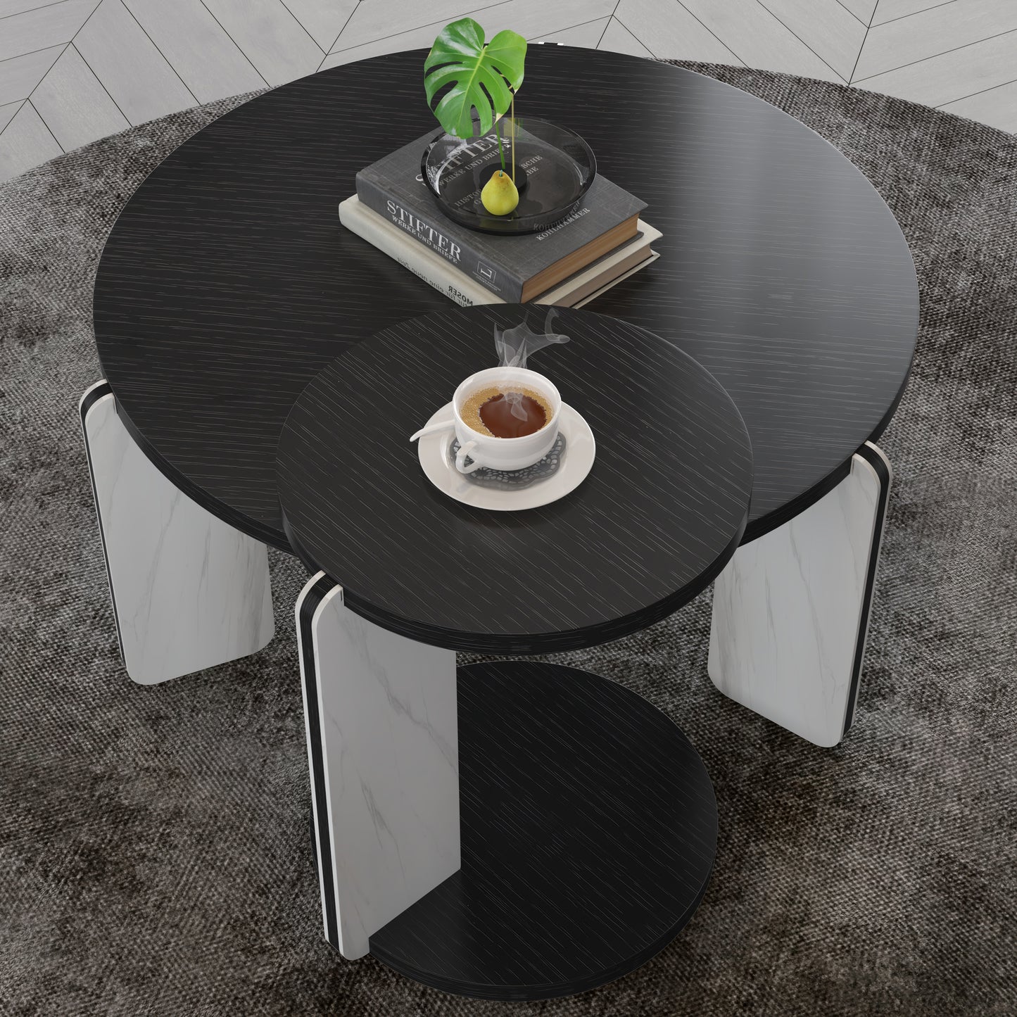32.68& 16.93 Round Coffee Table End Table Sofa Table Side Table Set With Black OAK Veneer Surface 25mm MDF For Living Room Dinning Room Bedroom,Sintered Stone Legs White Black, 83 43cm Diameter