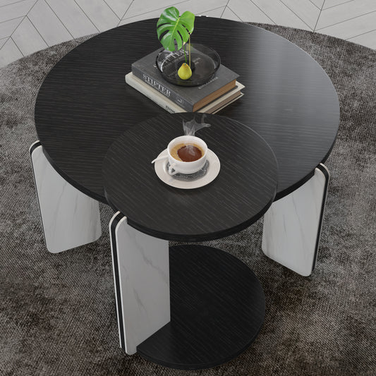 32.68& 16.93 Round Coffee Table End Table Sofa Table Side Table Set With Black OAK Veneer Surface 25mm MDF For Living Room Dinning Room Bedroom,Sintered Stone Legs White Black, 83 43cm Diameter