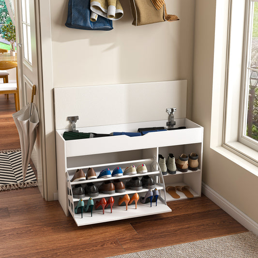 Entryway Bench With Shoe Storage,Adjustable 3-Tier Flip-Up Drawers & Hidden Cabinet,Space-Saving Shoe Organizer,Triple Storage And Modern Design,for  Hallway And Living Room,White