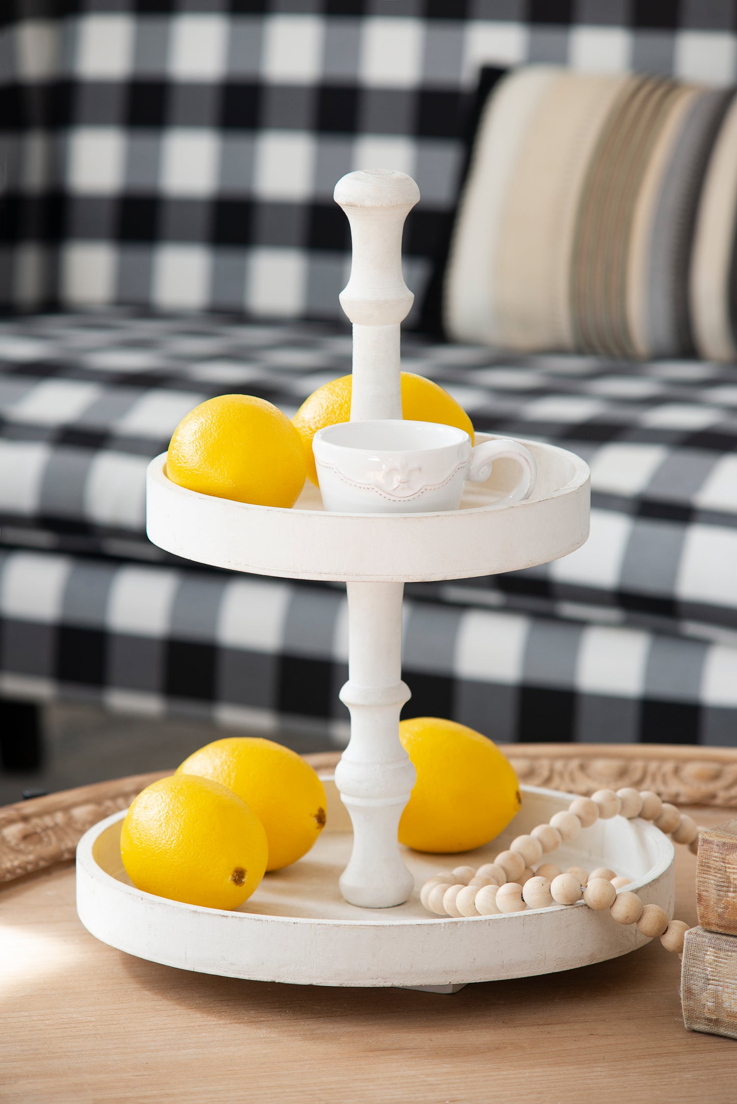 D11.8x15.4  Two- Tiered Round Wooden Tray  White