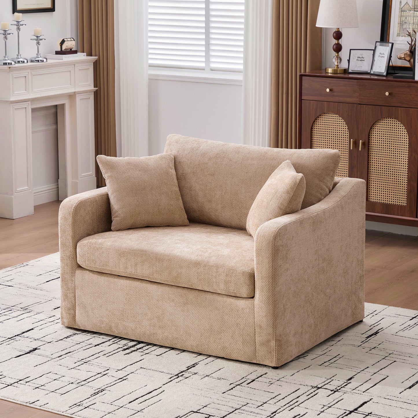 43.9 Wide Modern Upholstered Farmhouse Performance Accent Chair With Black Metal Legs,  Chenille Reading Armchair Single Sofa With Two Bolster Pillows For Living Room Offices And Lounge,Wheat