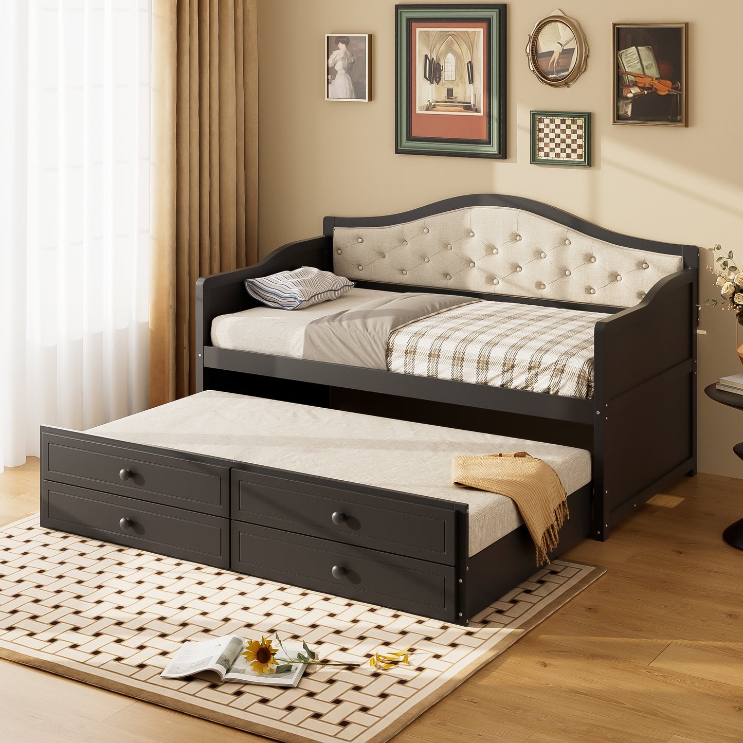 Twin Daybed With Trundle, Twin Size Daybed With 2 Storage Drawers, Wooden Sofa Bed With Upholstered Button Tufted Backrest For Living Room, Bedroom, Guest Room,Black
