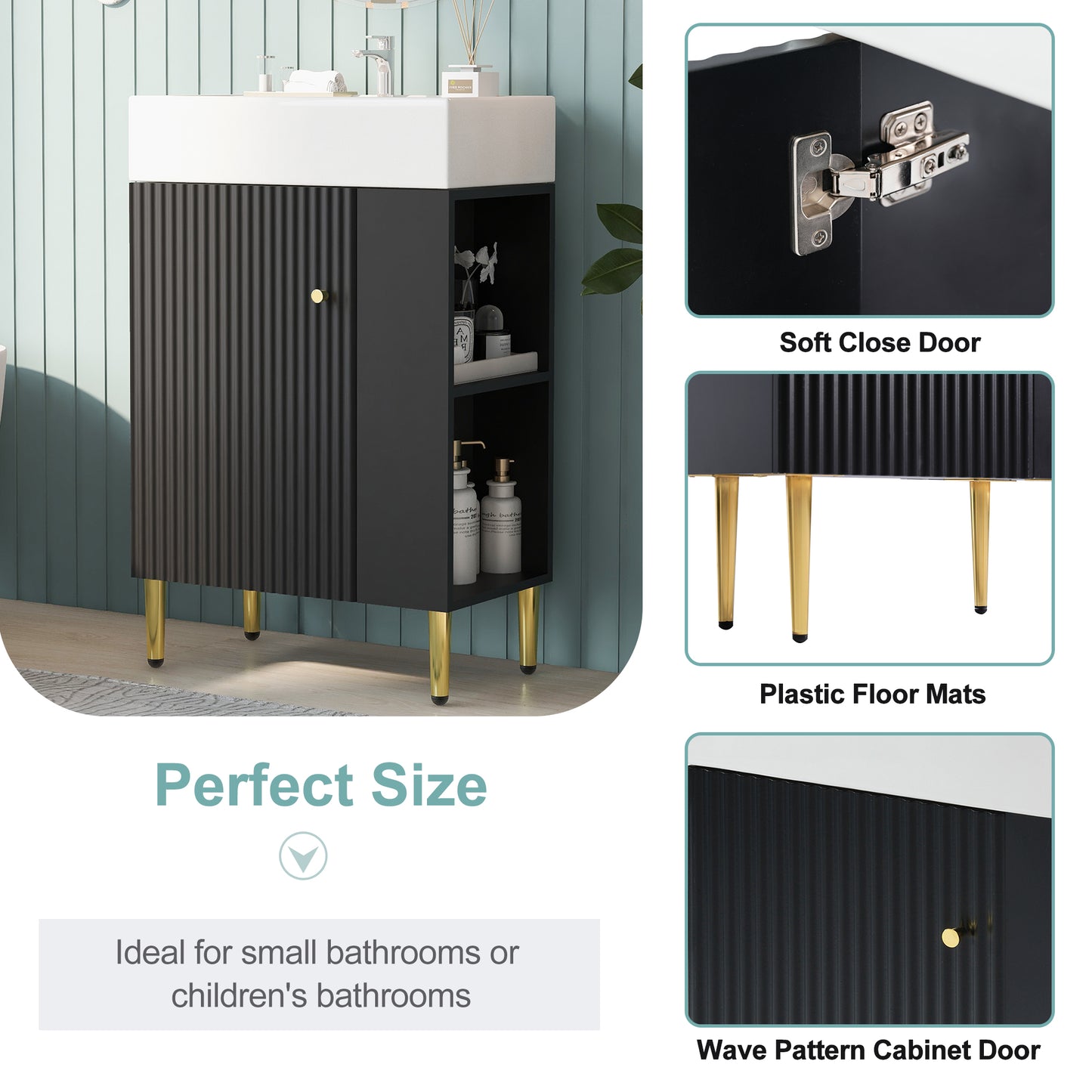 21.6  Black Bathroom Vanity, Combo Cabinet, Bathroom Storage Cabinet, Single Ceramic Sink, Right Side Storage