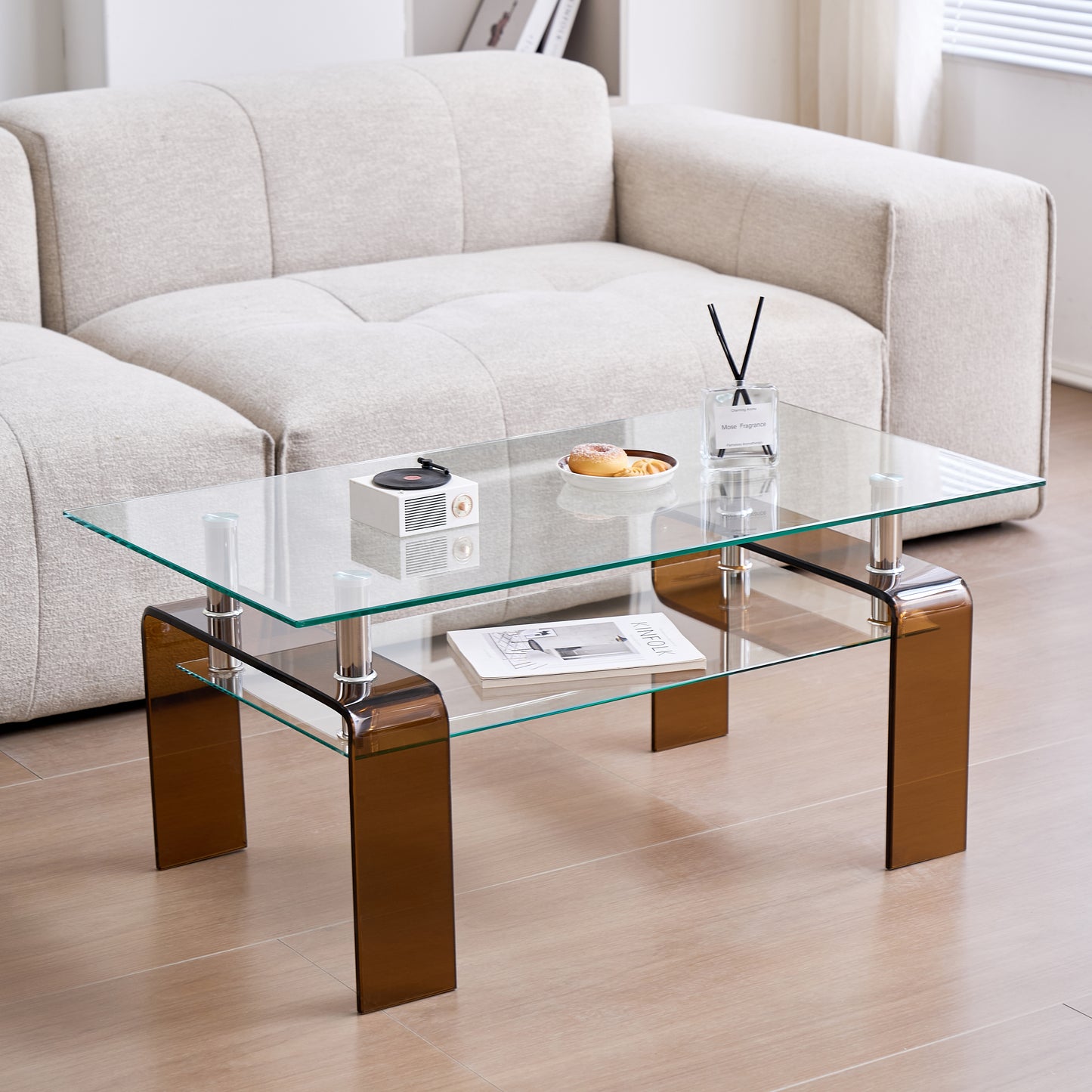 Tempered Glass Coffee Table, Modern Glass Coffee Table For Living Room, 2-Tier Storage Center Coffee Table With Brown Legs