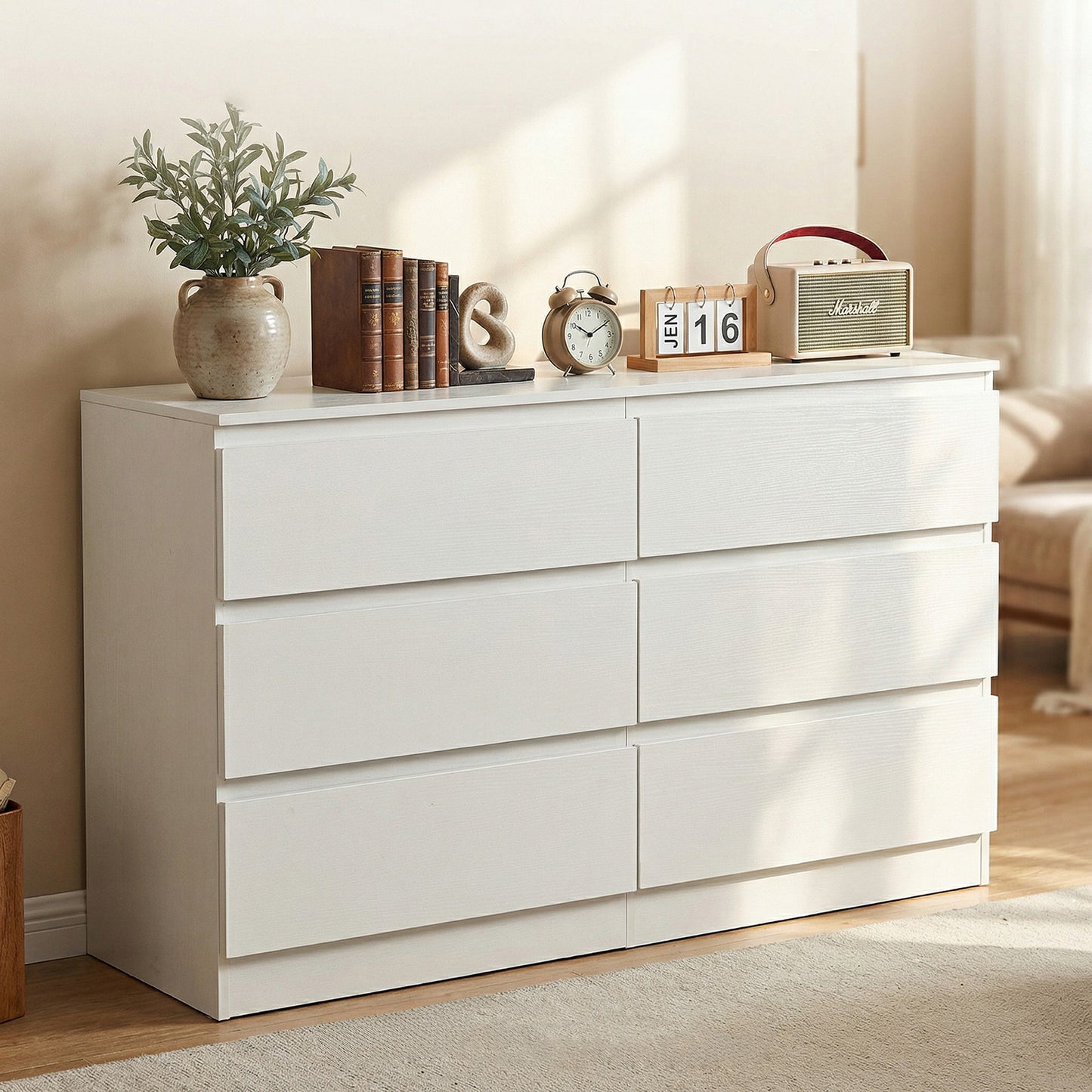 6 Drawer White Dresser, Modern Dresser For Bedroom With Spacious Countertop, Wood Storage Cabinet With Concealed Handles & 6 Deep Drawers For Bedroom, Living Room, Entryway, 15.7D X 47.2W X 30.9