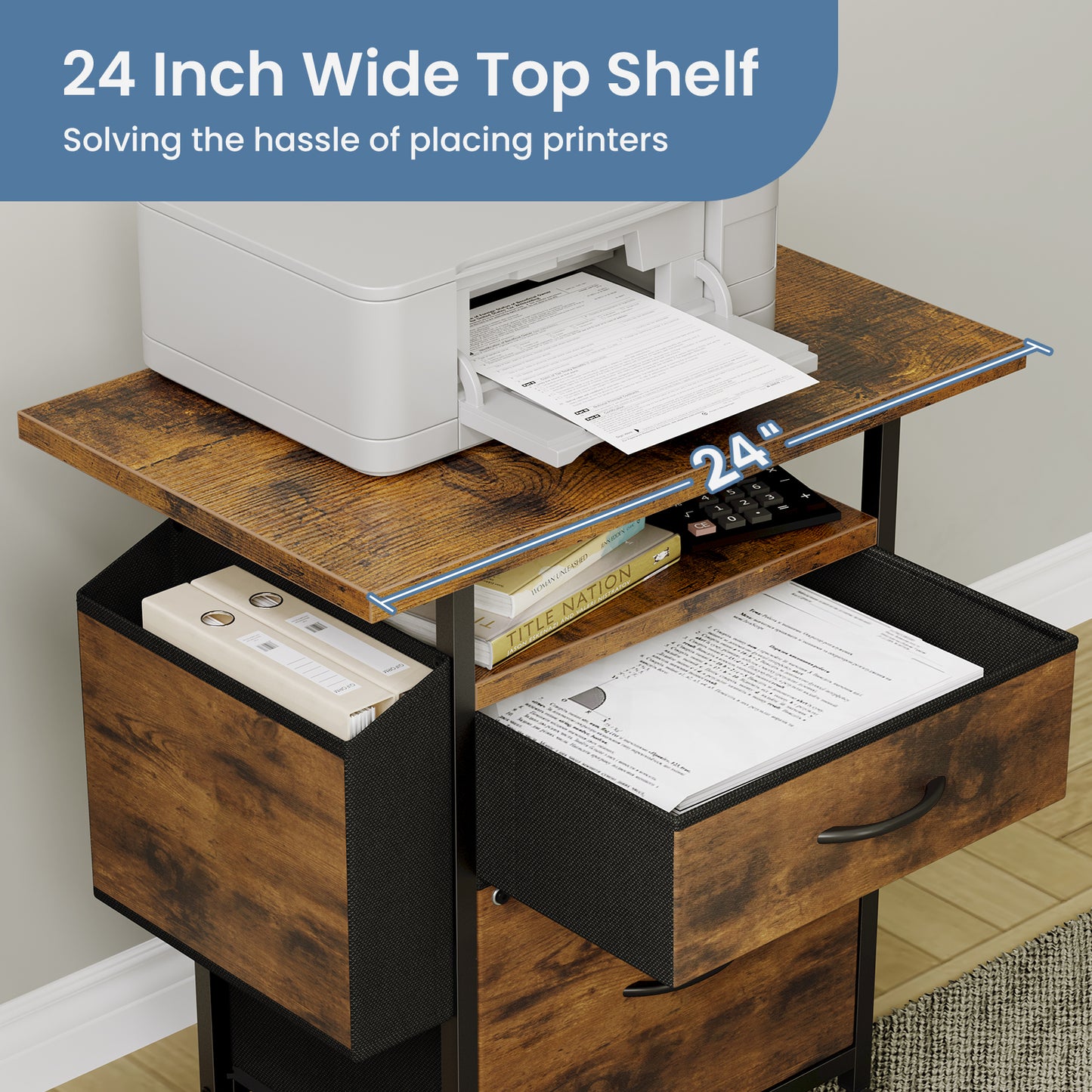 Rollable Filing Cabinet, Equipped With Drawers And Storage Shelves, Printer Placement Area, Size Suitable For A4 Paper Size