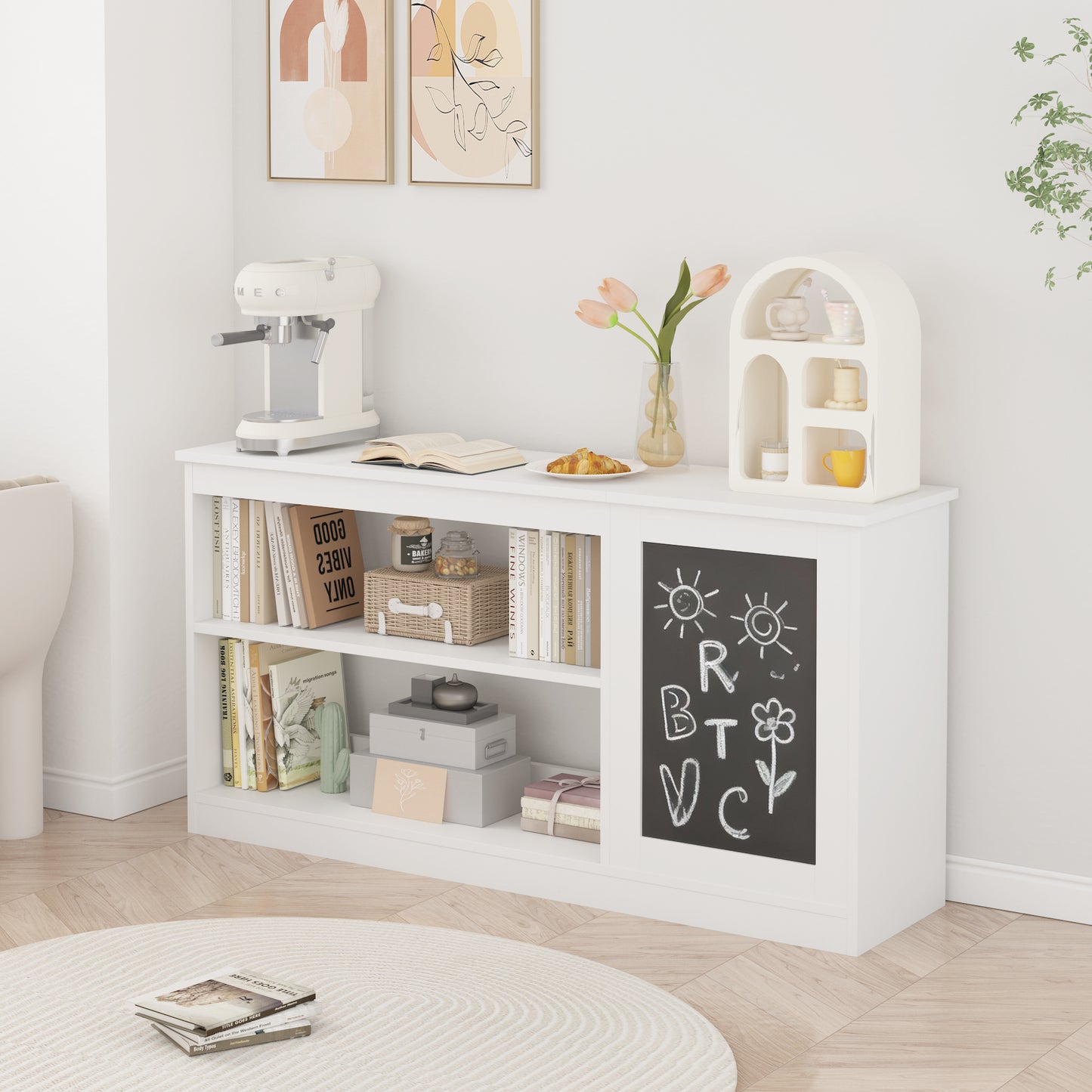 3-in-1 Kids Bookshelf And Toy Storage Cabinet With Chalkboard  Modern White Organizer For Playroom
