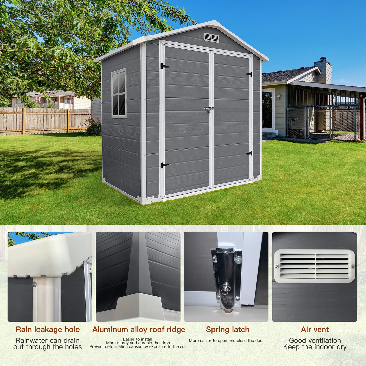 6x4 Ft Plastic Outdoor Storage With Floor And Lockable Door Plastic Garden Shed For Backyard, Lawn, Gray