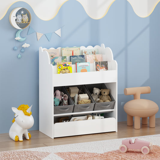 Kids Bookshelf With Storage Bins And Drawer, Multi-Functional Wooden Book Organizer For Toddlers, White Bookcase For Toys, Books And Nursery Room
