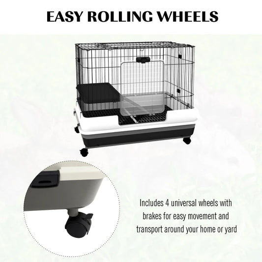PawHut 2-Level Small Animal Cage Rabbit Hutch With Wheels, Removable Tray, Platform And Ramp For Bunny, Chinchillas, Ferret, Black