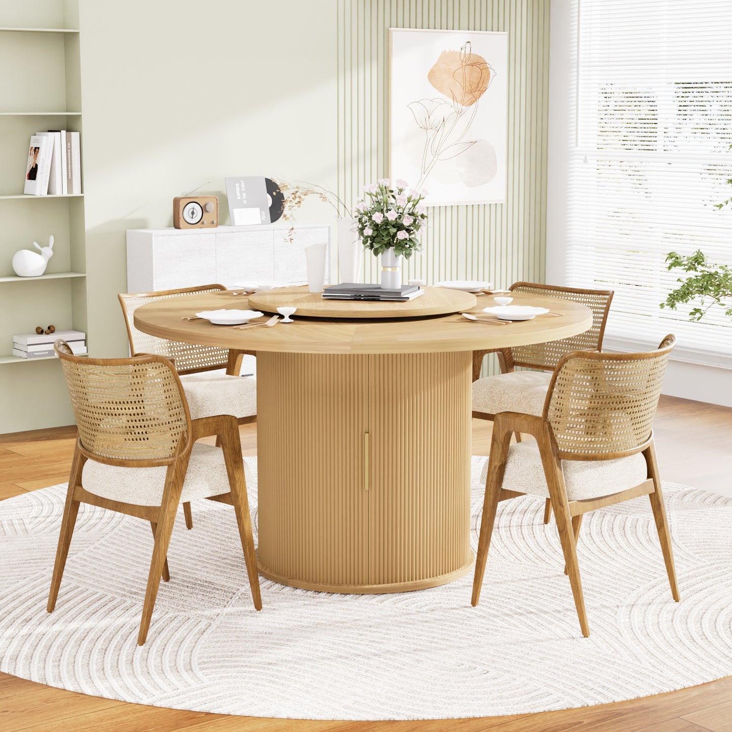 55-inch Round Dining Table For Six, Featuring A Double-tiered Storage Rack And A Rotating Tabletop Tray. Wooden Wavy-striped Sliding Doors. Ideal For Home Dining Room Living Room  Natural.
