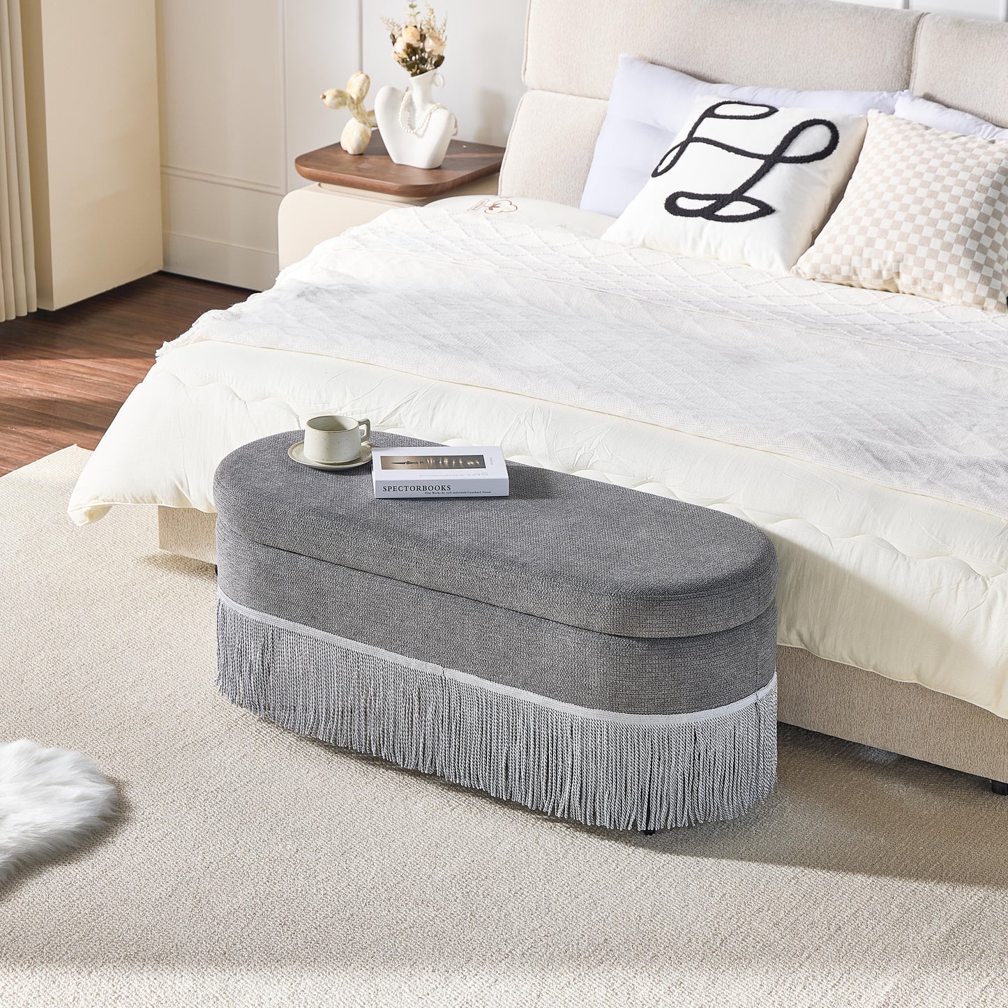 Oval Upholstered Storage Ottoman With Fringe Trim & Lift-Top Lid - 39L X 16W X 17H, Multi-Functional Footrest & Hidden Storage For Living Room Or Bedroom - Grey Fabric With Metal Frame