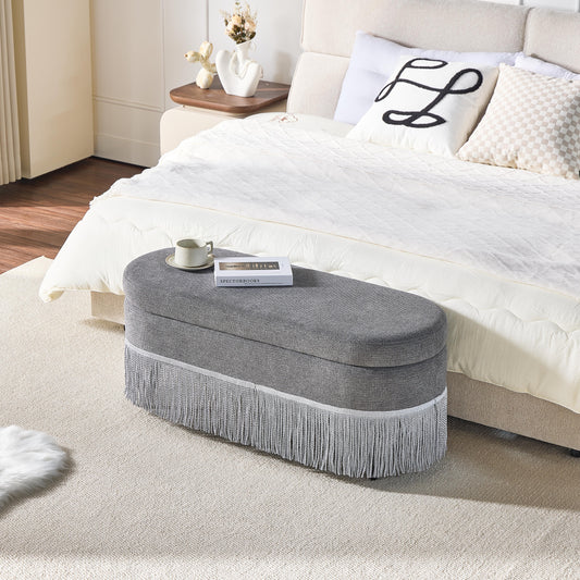 Oval Upholstered Storage Ottoman With Fringe Trim & Lift-Top Lid - 39L X 16W X 17H, Multi-Functional Footrest & Hidden Storage For Living Room Or Bedroom - Grey Fabric With Metal Frame