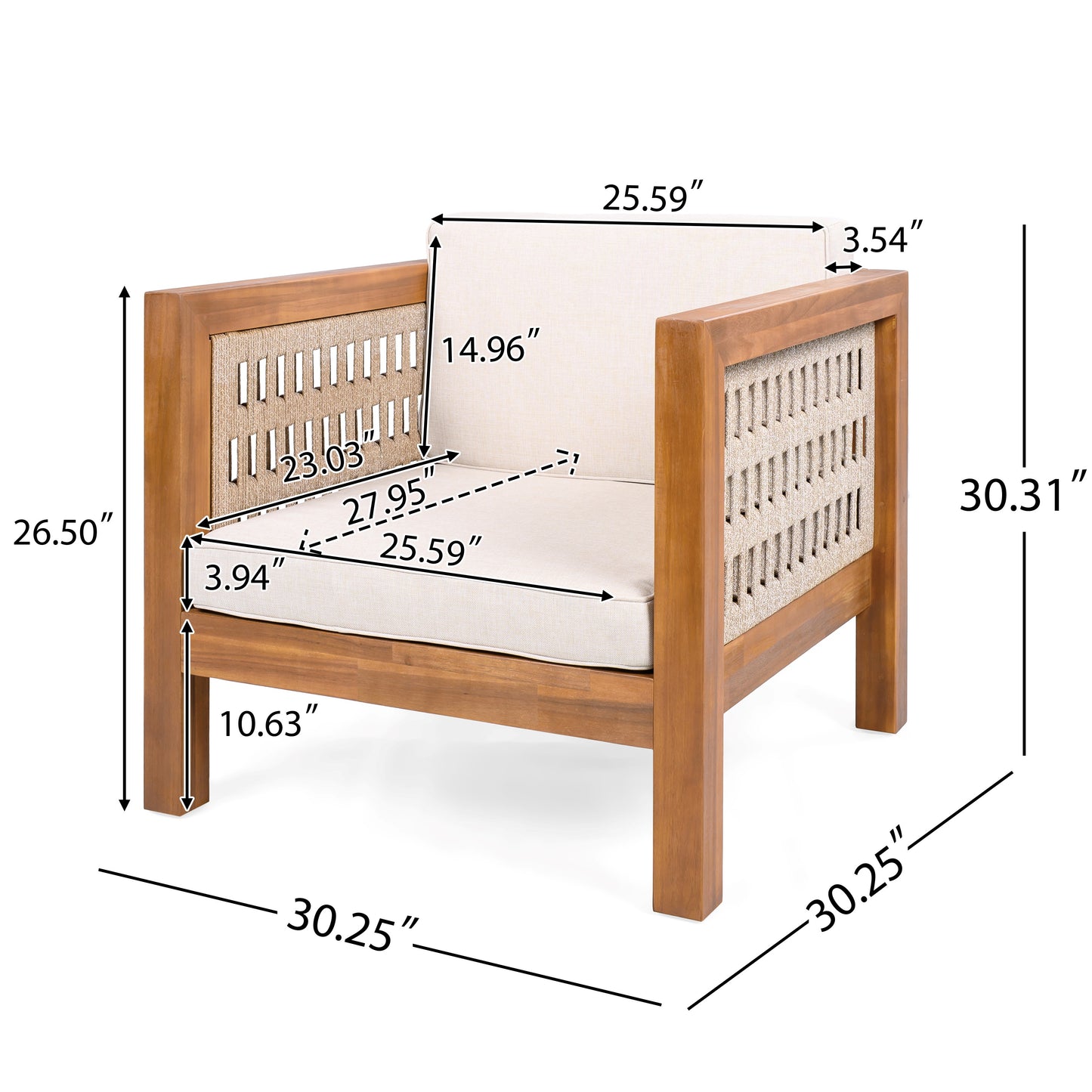 Outdoor Club Chair Set Of 2, Acacia Wood Frame With Beige Rope Arm And Beige Cushions,400 Lbs Capacity