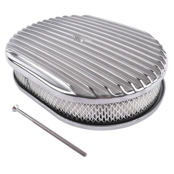 12inch Oval Aluminum Full Finned Air Cleaner Polished Paper Element Fits For SB & BB CHEVY FORD & MOPAR CHRYLER DODGE PLYMOUTH