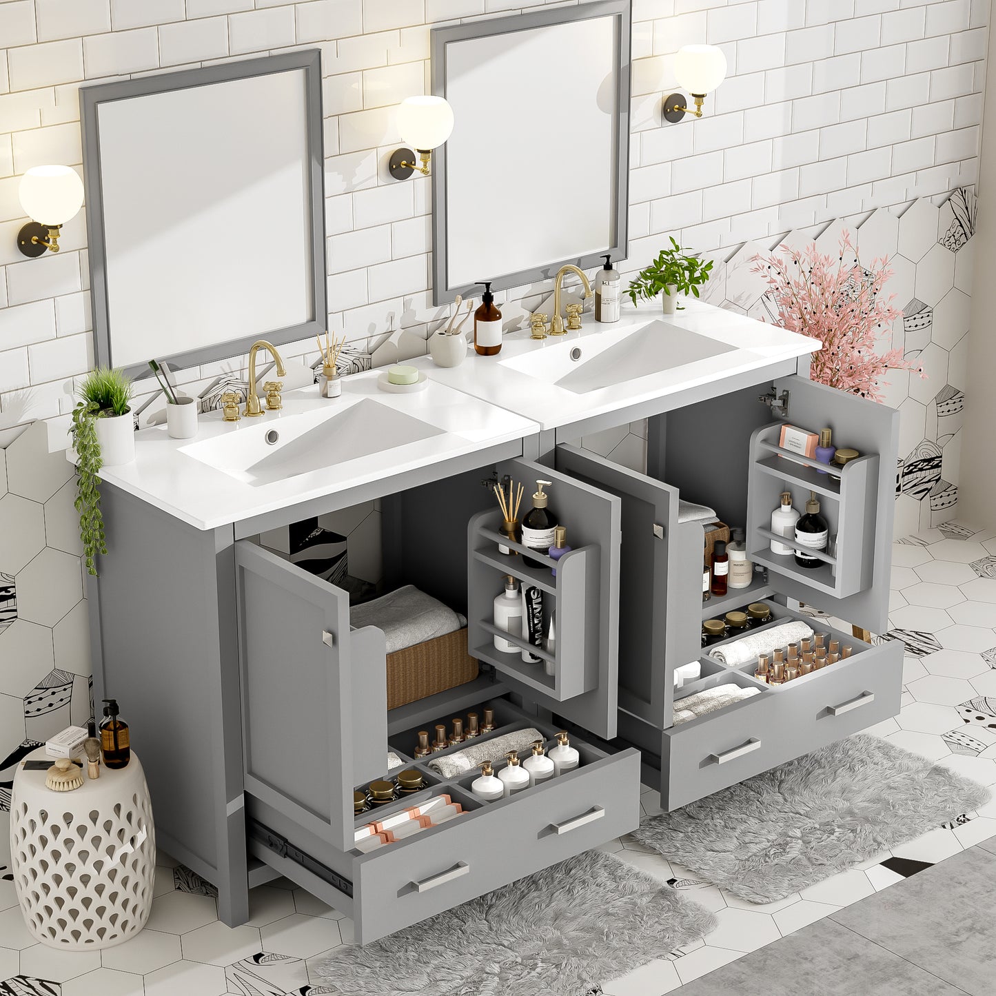 60  Grey Bathroom Vanity Set With Double Vanities  Separate , Double Ceramic Sinks, Storage Shelf, And Divided Drawers   Mirror Not Included  Modern Bathroom Solution For Spacious Bathrooms