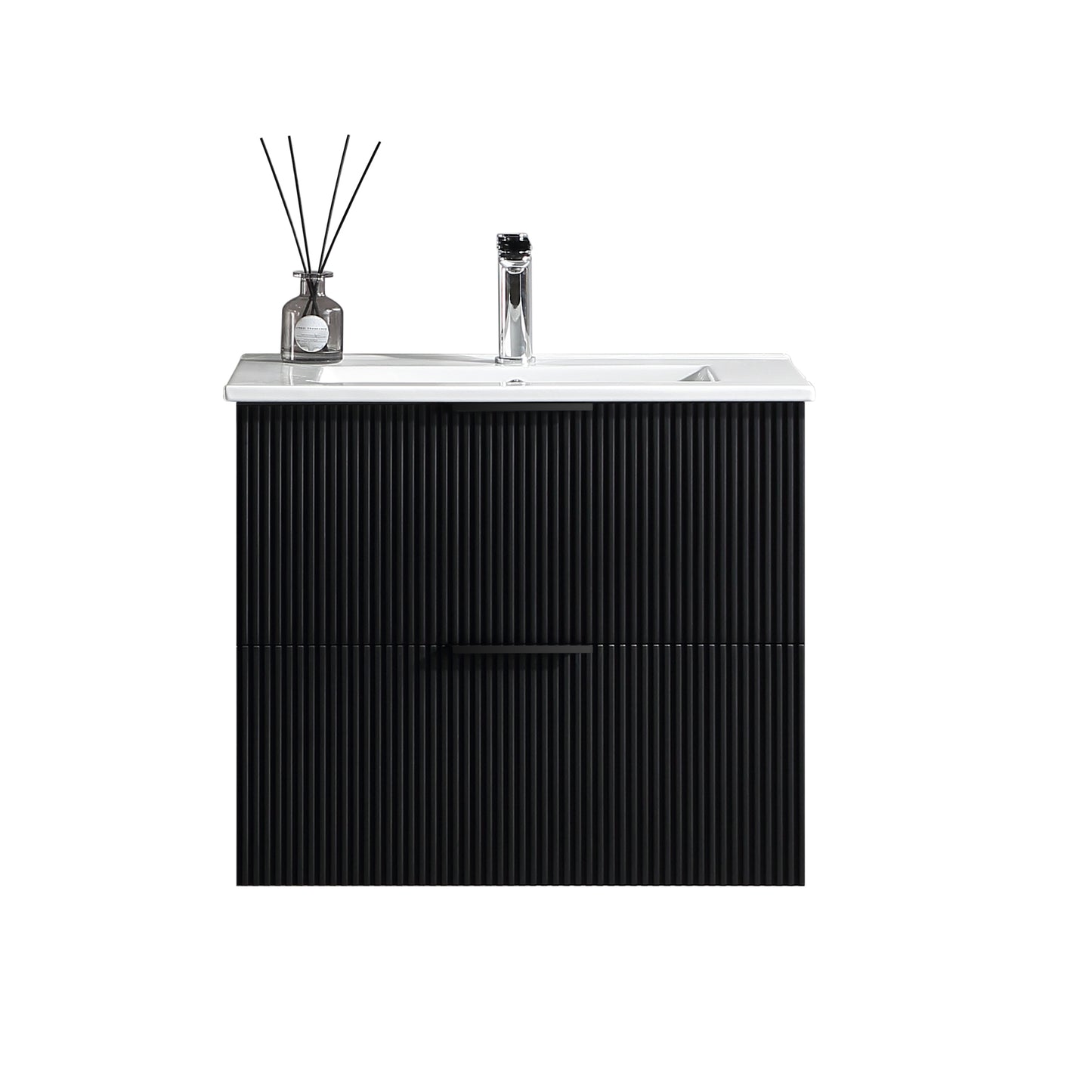 24 Inch Bathroom Vanity Cabinet With Ceramic Sink - Black Wall Mounted Floating Fluted Vanity With Drawers  Modern