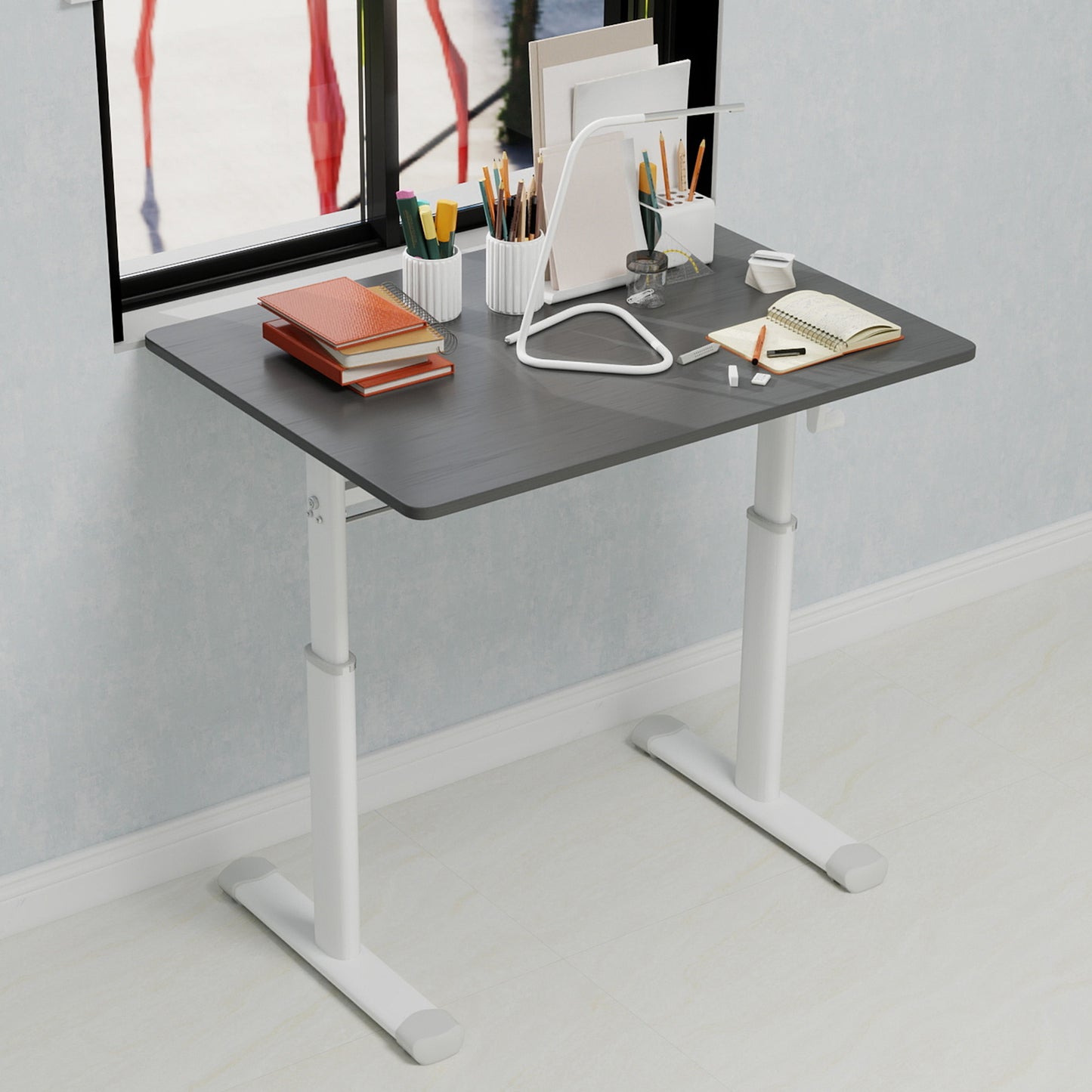 Adjustable Study Desk Suitable For Children And Adults, Height-adjustable, Multi-functional Home Office Desk, Compact Design, Desktop Dimensions 60cm X 80cm, White Frame, Gray Tabletop.