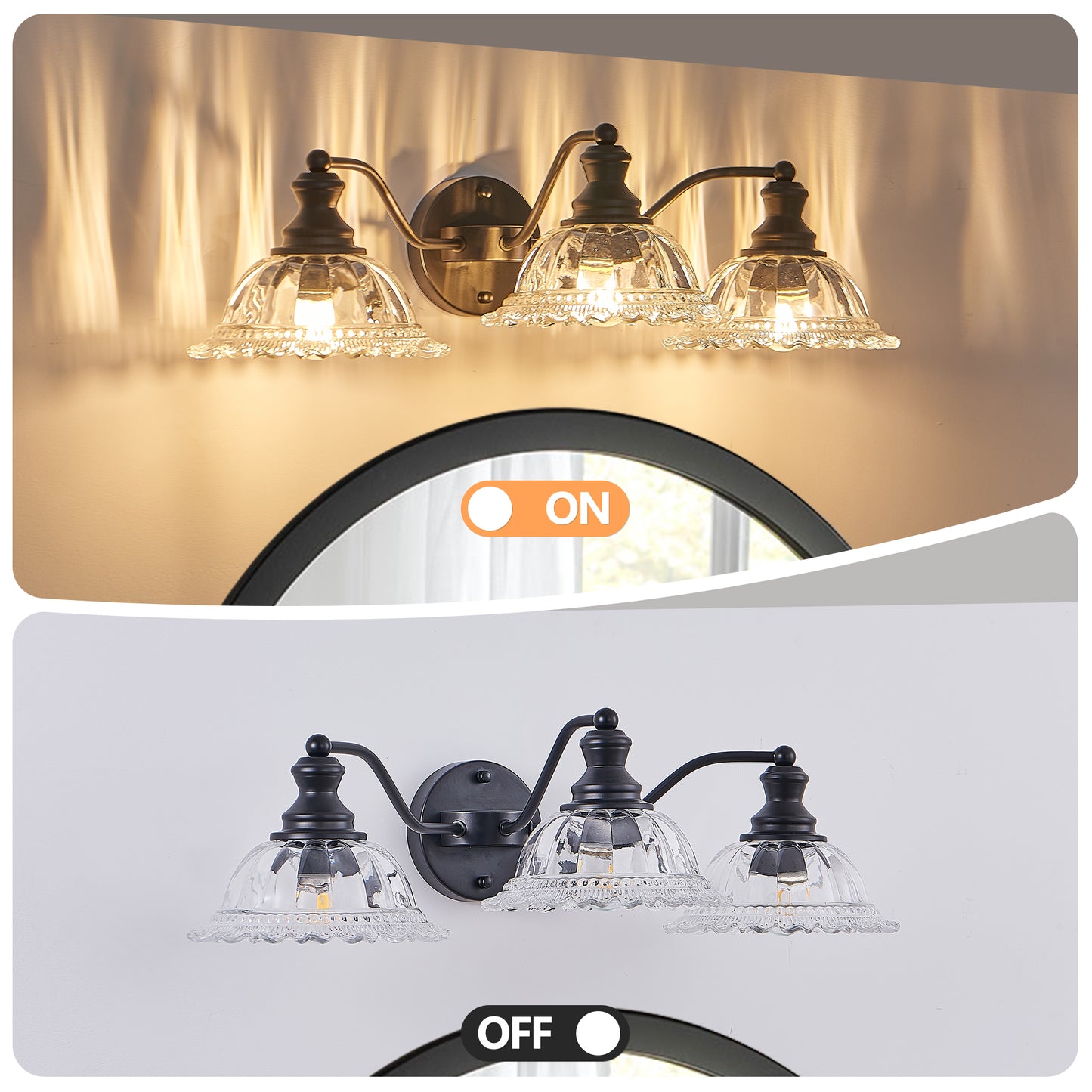 24 Inch 3-Light Vintage Bathroom Wall Sconce Elegant Black Metal And Glass Lampshade Vanity Light Fixture For Bathroom, Hallway, Or Bedroom Bulb Not Included