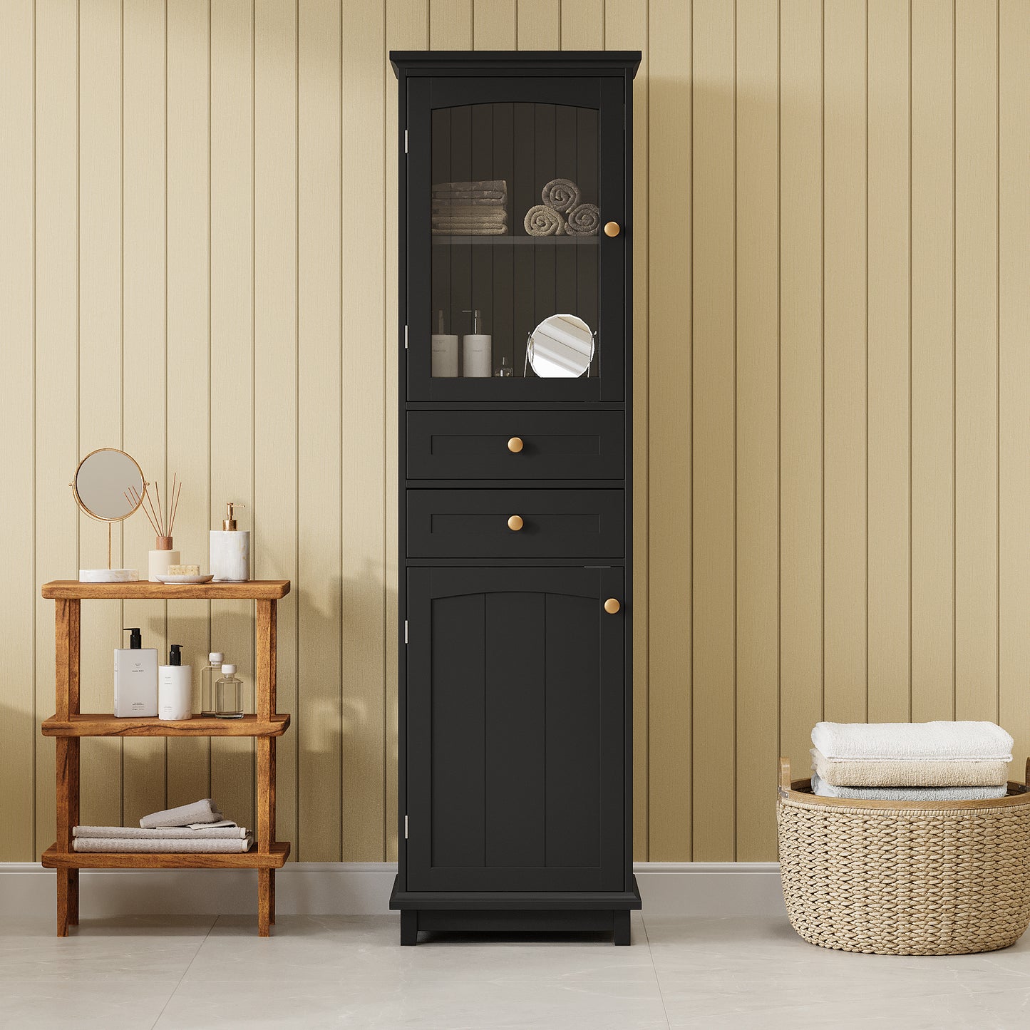 63  Tall Bathroom Storage Cabinet With Glass Doors, Free-Standing, Two Drawers, And Adjustable Shelves, MDF Board, Painted Black - Perfect For Displaying Your Favorite Items