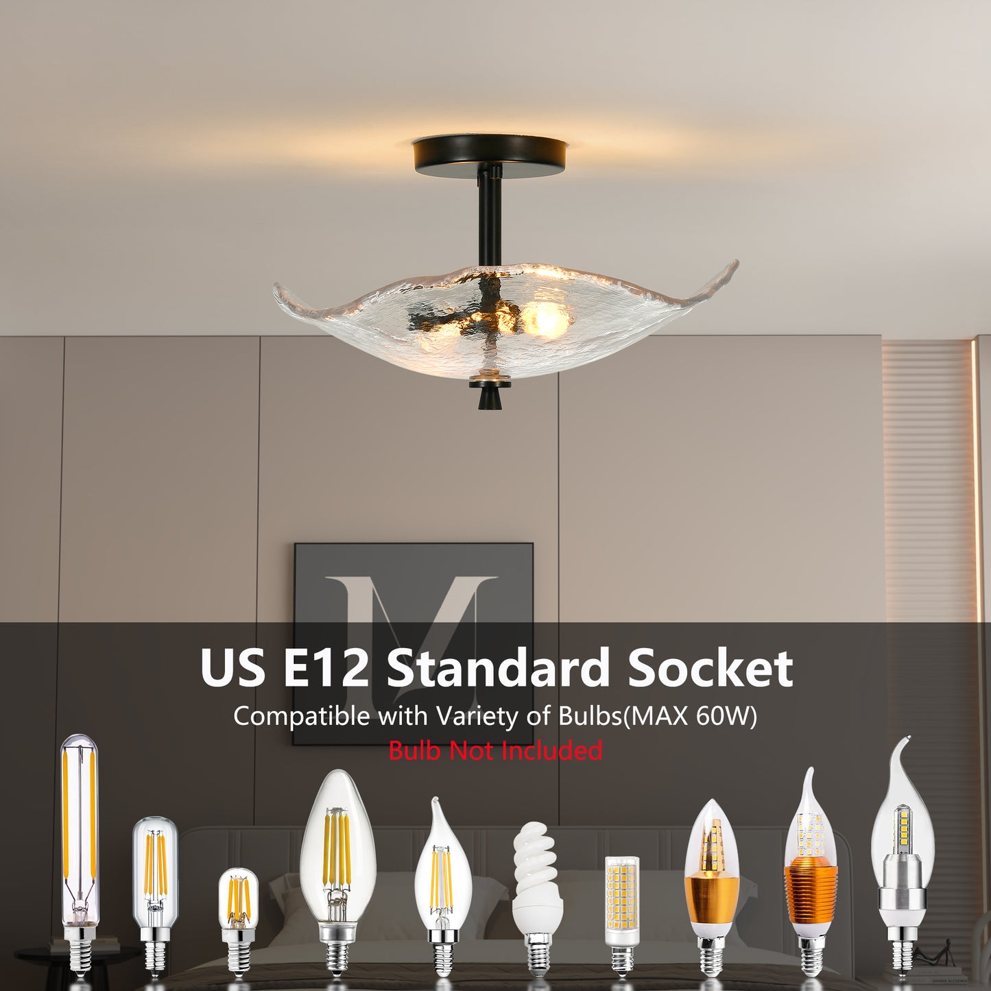 Ceiling Light Fixtures Flush Mount Indoor Outdoor Ceiling Light With Water Ripple Glass Shade For Hallway Kitchen Bedroom Porch Living Room Black