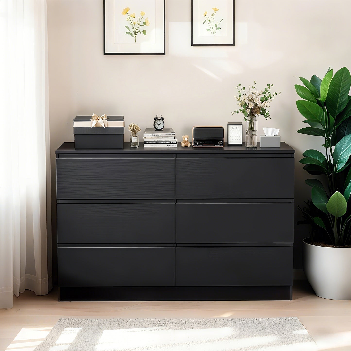 6 Drawer Black Dresser, Modern Bedroom Dresser With Spacious Countertop, Wood Storage Cabinet With Concealed Handles & 6 Deep Drawers For Bedroom, Living Room, Entryway, 15.7 D X 47.2W X 30.9 H