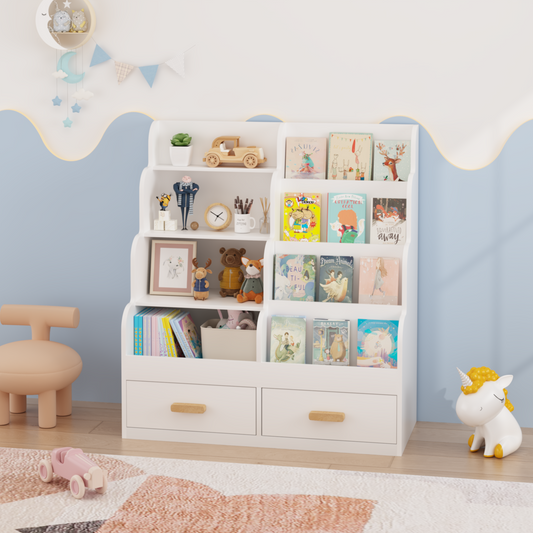 Kids Bookshelf With 2 Storage Drawers, Front-Facing Children's Bookcase And Toy Organizer, Multi-Tier Reading Shelf For Toddlers, Playroom, Bedroom, Or Nursery - White