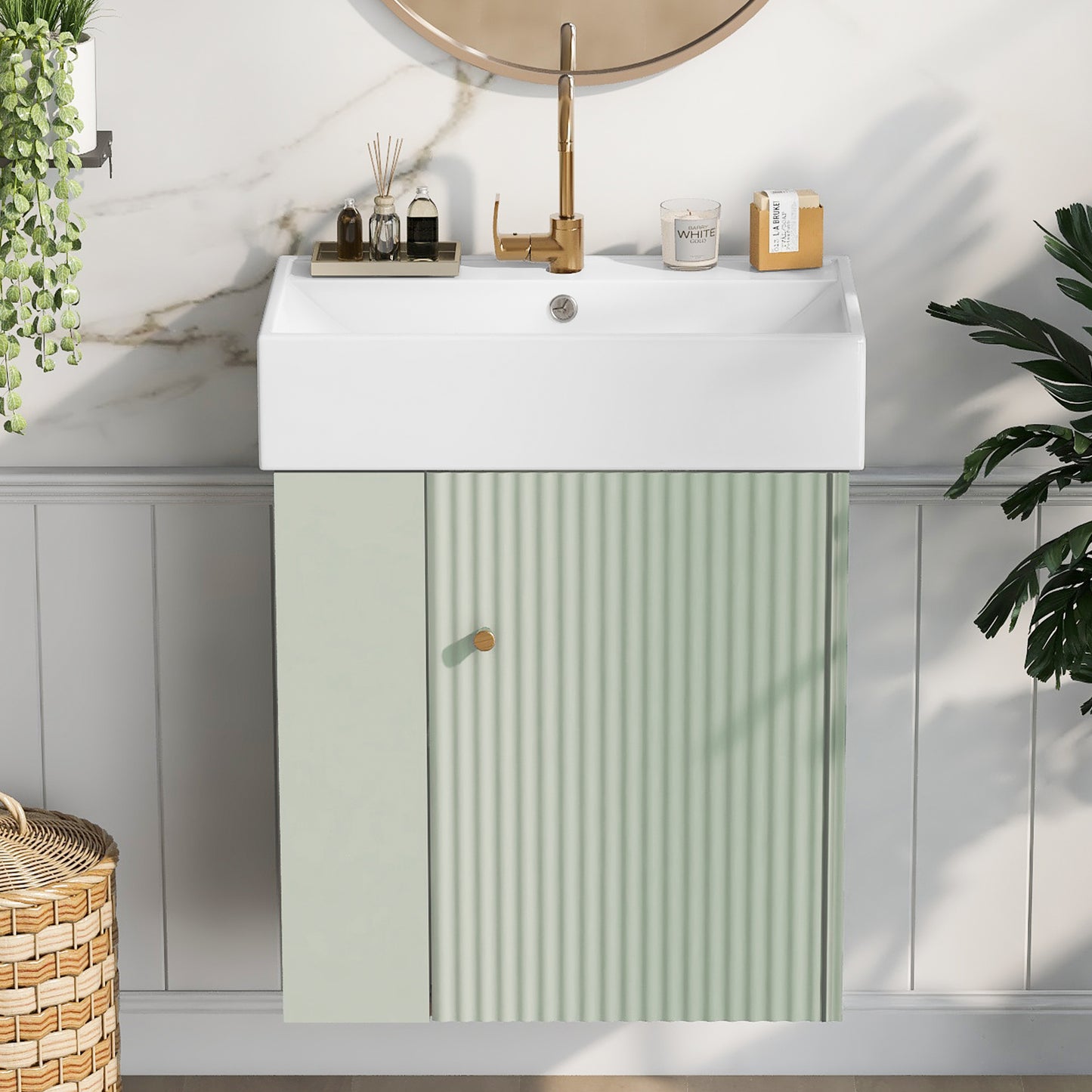 21.6 Inch Modern Floating Bathroom Vanity With Ceramic Basin - Perfect For Small Bathrooms, Left Side Storage