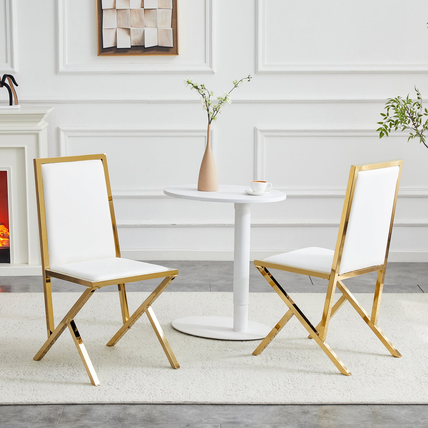 2-pack Gold Metal Framed White PU Dining Chairs Ergonomic Design, A Simple And Luxurious Choice.Featuring Uniquely Designed Gold Metal Legs.