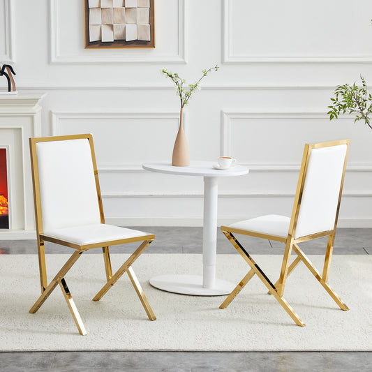 2-pack Gold Metal Framed White PU Dining Chairs Ergonomic Design, A Simple And Luxurious Choice.Featuring Uniquely Designed Gold Metal Legs.