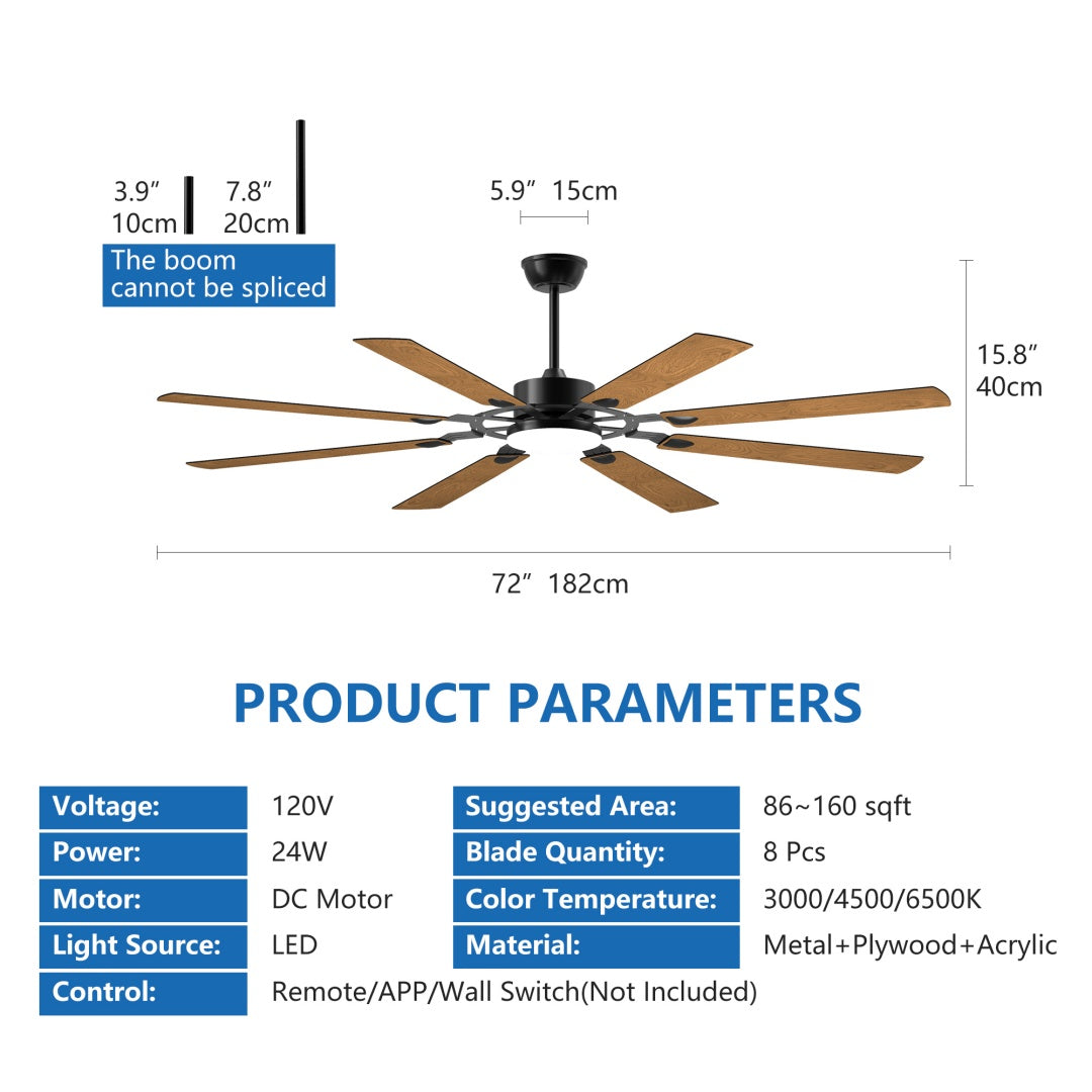 72-Inch 8-Blade Large Ceiling Fan,Reversible Quiet DC Motor,Indoor Outdoor Modern Ceiling Fan,Suitable For Kitchen,Living Room And Terrace,Black.