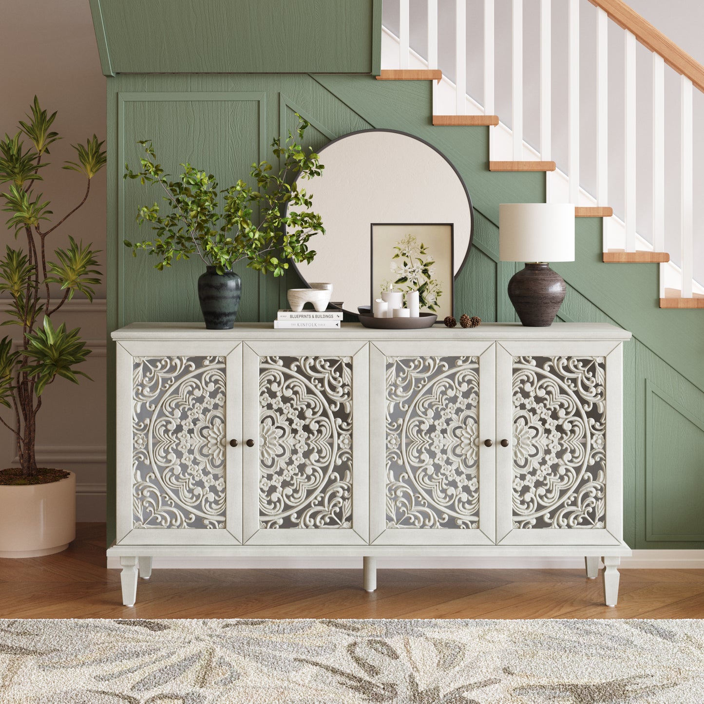 60  Antique Buffet Cabinet With Floral Carvings With Solid Wood Legs&Antique Brass Handles&Adjustable Shelves, TV Stand For 65 TV, Sideboard For Living Room,Dining Room Antique Grey White