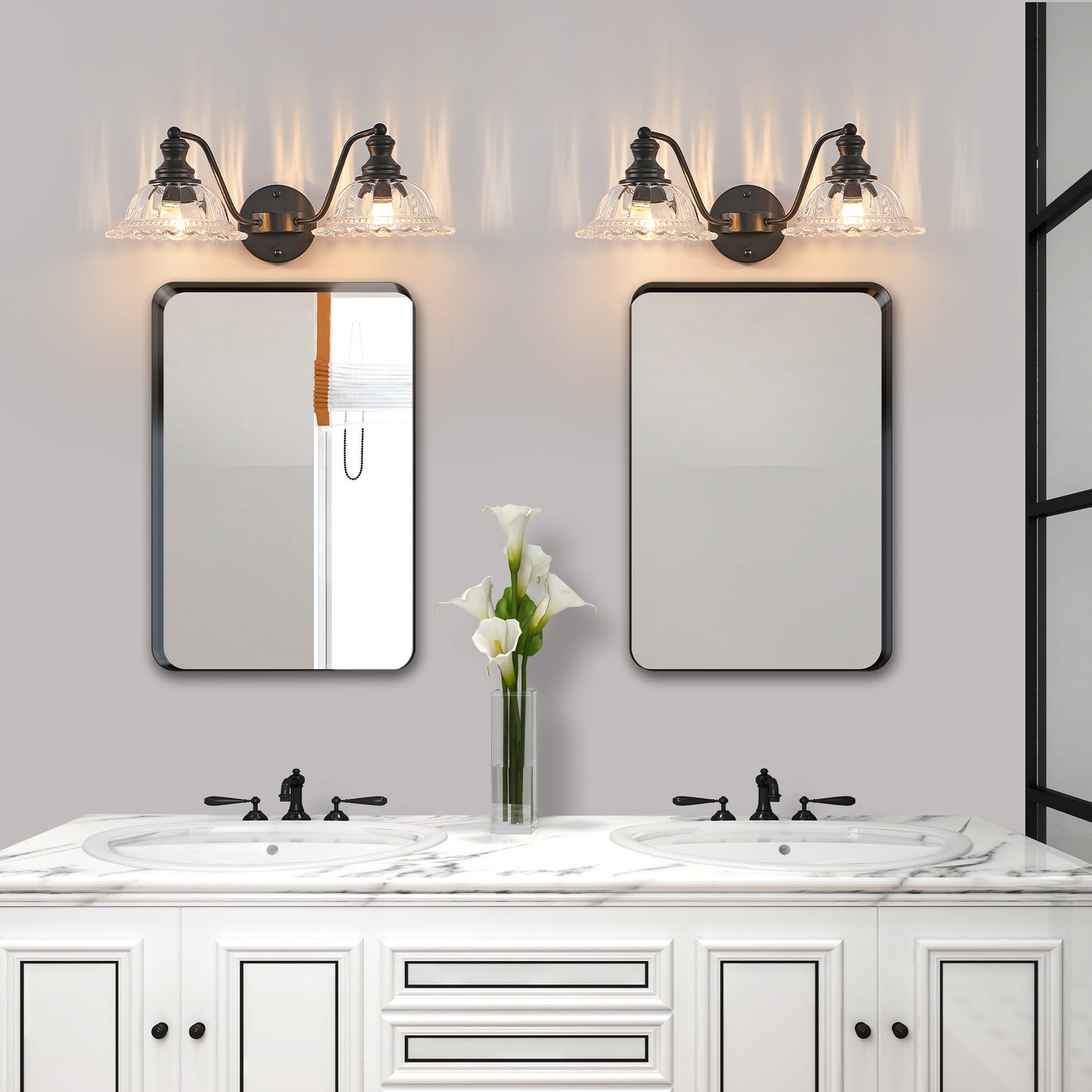 20 Inch 2-Light Vintage Bathroom Wall Sconce -- Elegant Black Metal And Glass Lampshade Vanity Light Fixture For Bathroom, Hallway, Or Bedroom  Bulb Not Included