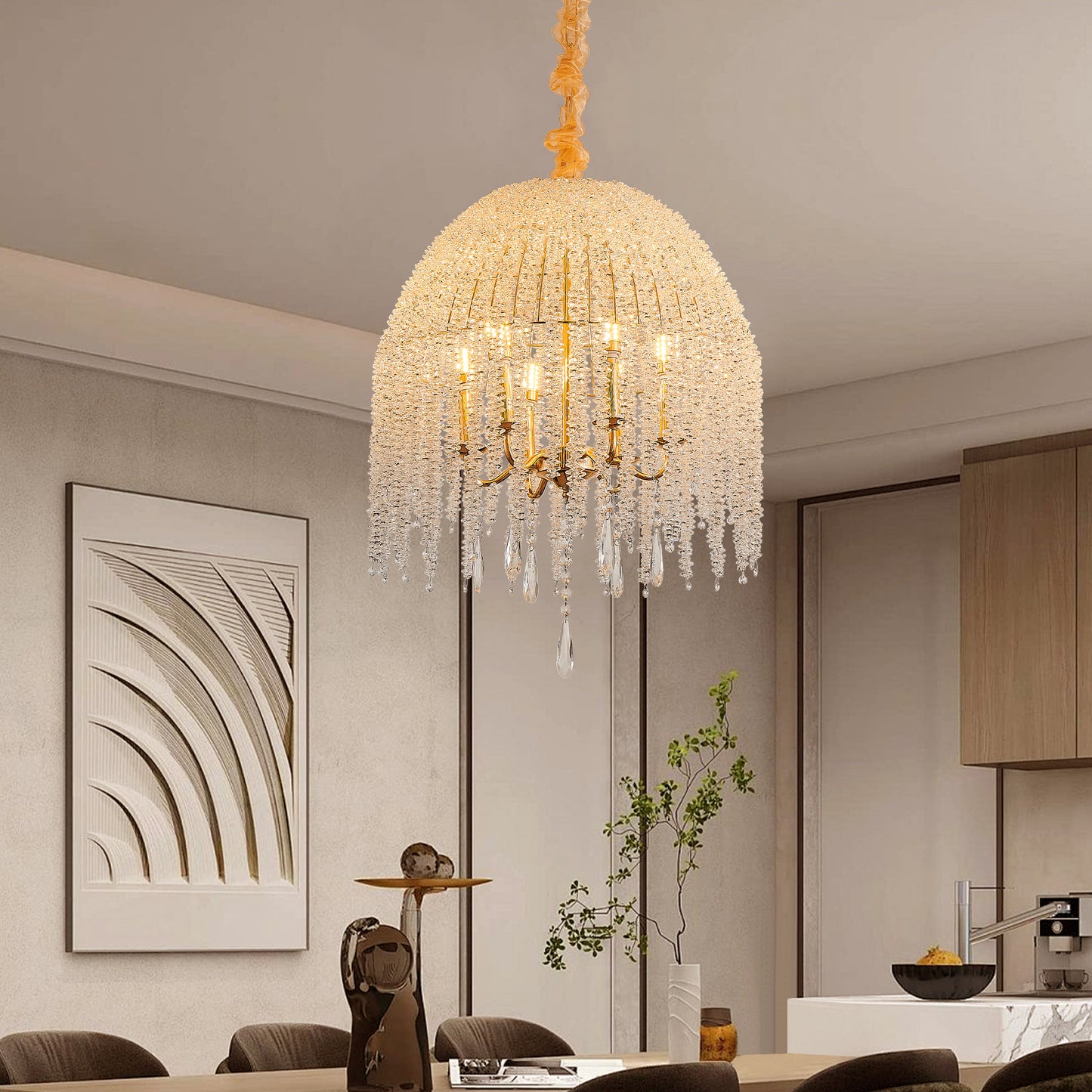 20 Inch 6 Light K9 Crystal Pendant Light Chandelier  Elegant Waterfall Design With Cascading Crystal Bead Strings And Gold Finish For Living Room, Bedroom, Or Dining Area Bulb Not Included