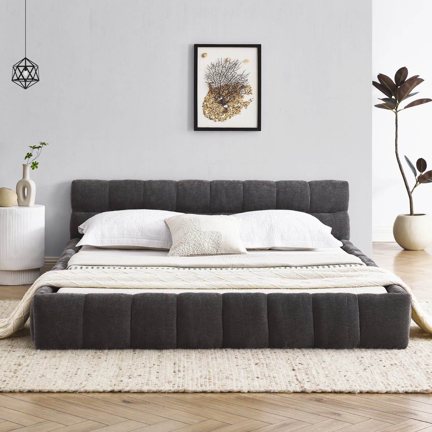 Queen Size Upholstered Bed Frame With Thick Fabric, Chenille Fabric Grounded Queen Size Platform Bed With Headboard And Solid Frame. No Box Spring Needed, Dark Grey 68x86.5x23.5