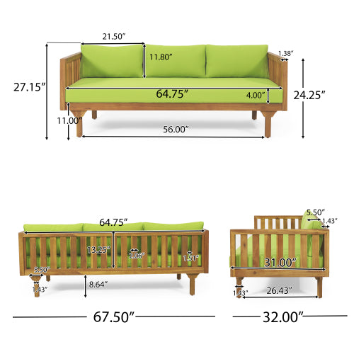 Acacia Wood Patio Furniture Set,Outdoor 3 Seater Daybed With Water Resistant Thick Cushions And Round Coffee Table, Green Cushion