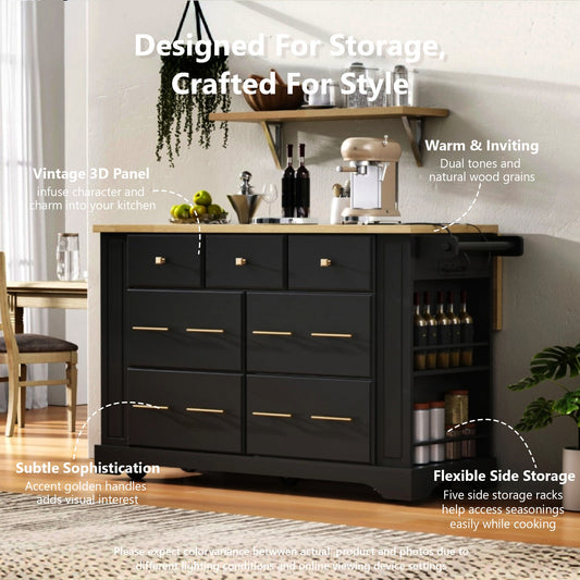 K&K Kitchen Island With 6 Drawers, Pull Out Trash Can Storage, Rolling Kitchen Island On 5 Wheels With Drop Leaf, Power Outlet, 5 Open Side Racks For Kitchen, Dining Room, Black