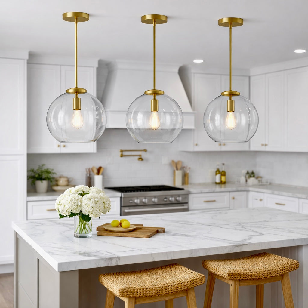 Gleam Single Light Pendant Lamp With Clear Globe Glass - Satin Brass