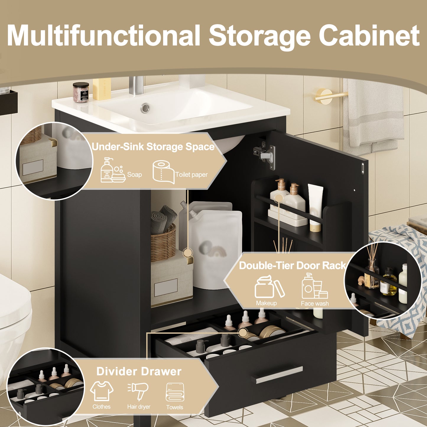 20-Inch Modern Bathroom Vanity With Ceramic Sink, Soft-Close Drawer & Door, Double-Layer Door Organizer, Divider Drawer, Adjustable Foot Pads -Space-Saving Storage Design