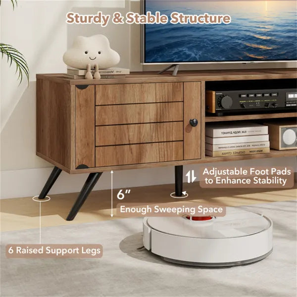 Oak Mid-Century Modern TV Stand For 65-Inch TVs, 210 Lbs Capacity Media Console With Storage Cabinets & Cable Management