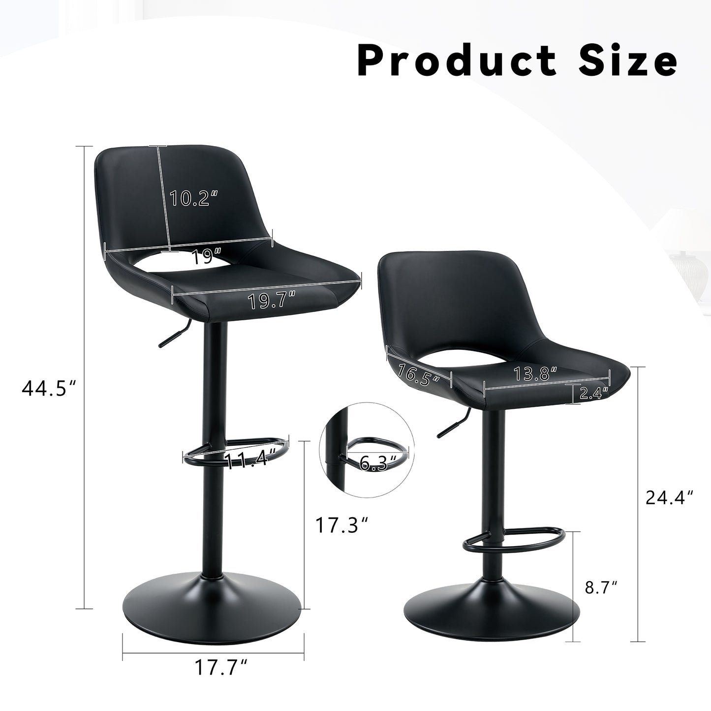 Modern Swivel Adjustable Bar Stools Set - 2 Pack, Black PU Material, With Footrest, Holds Up To 250 Lbs, Suitable For Home Bars And Kitchen Islands .