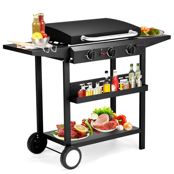 3-Burner Flat Top Gas Griddle Cooking Station With Ceramic Coated Cast Iron Pan, 30,000 BTU Propane Fuelled Griddle Station With Side Shelves & Spice Rack For Outdoor Barbecue  Cookout