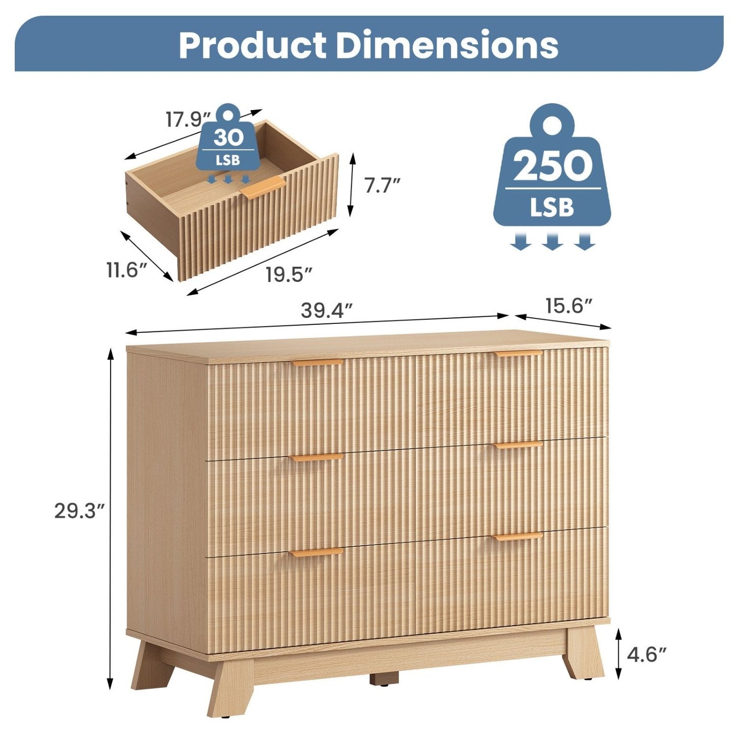 Fluted Wooden Dresser, Modern Chest Of Drawers, Heightened Legs, Bedroom, Natural