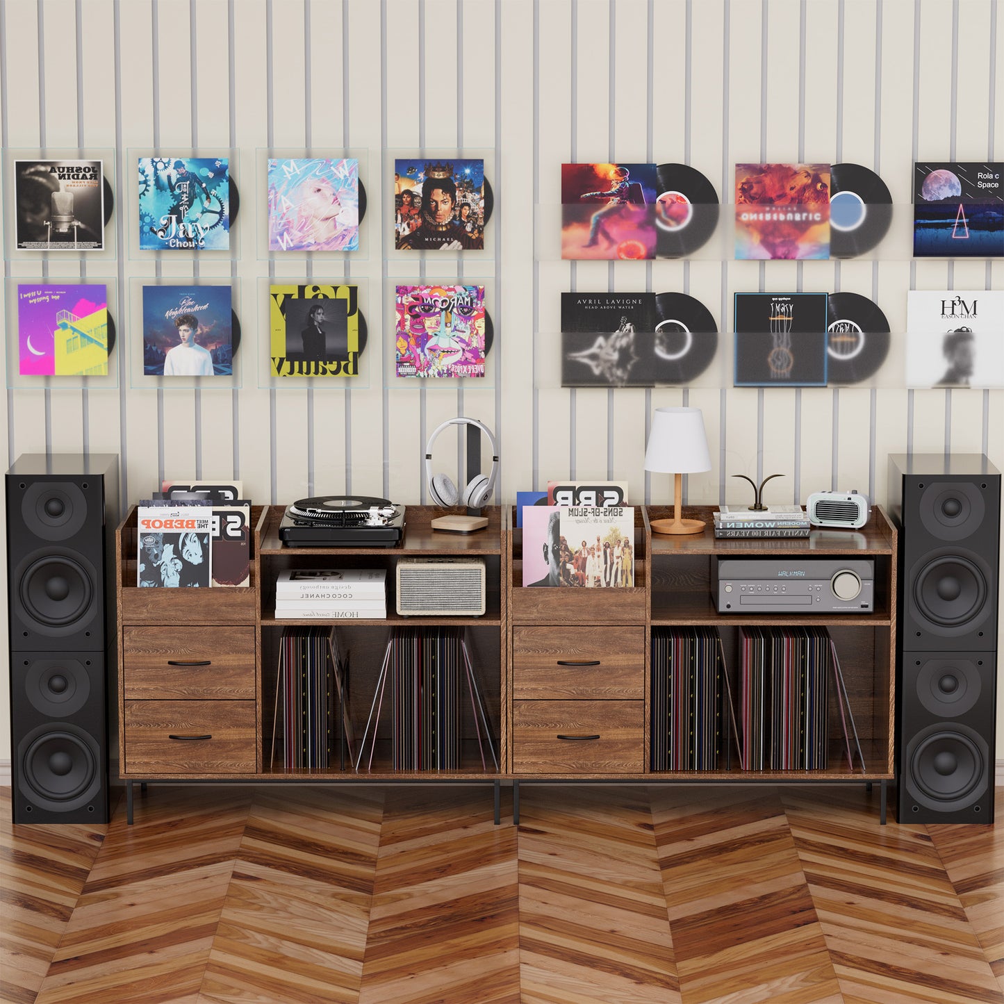 Record Player Stand With Storage For 500  Albums, Mid-Century Modern Turntable Shelf & Drawers  Sturdy Wood & Metal Audio Console For Living Room