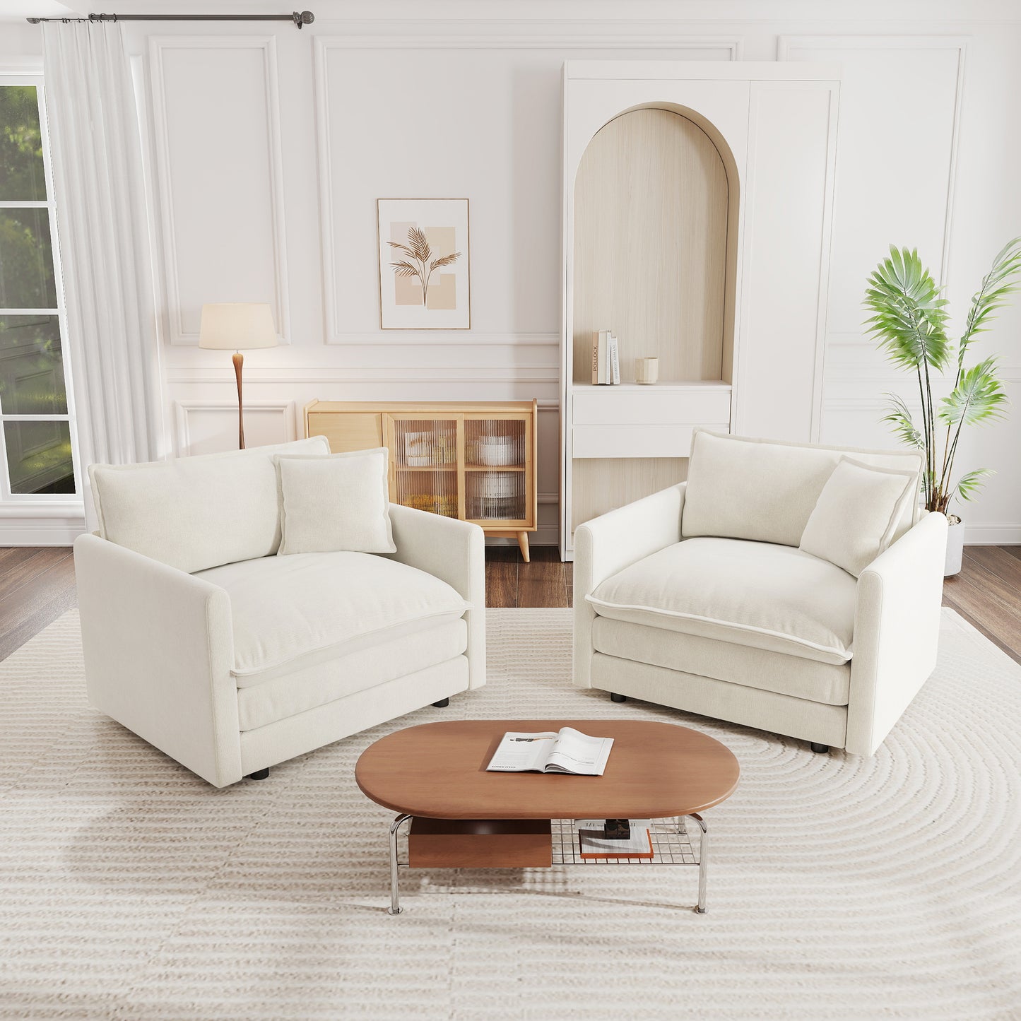 Accent Chair Set Of 2, High-end Chenille Upholstered Armchairs, Living Room Side Chairs With Toss Pillow, White