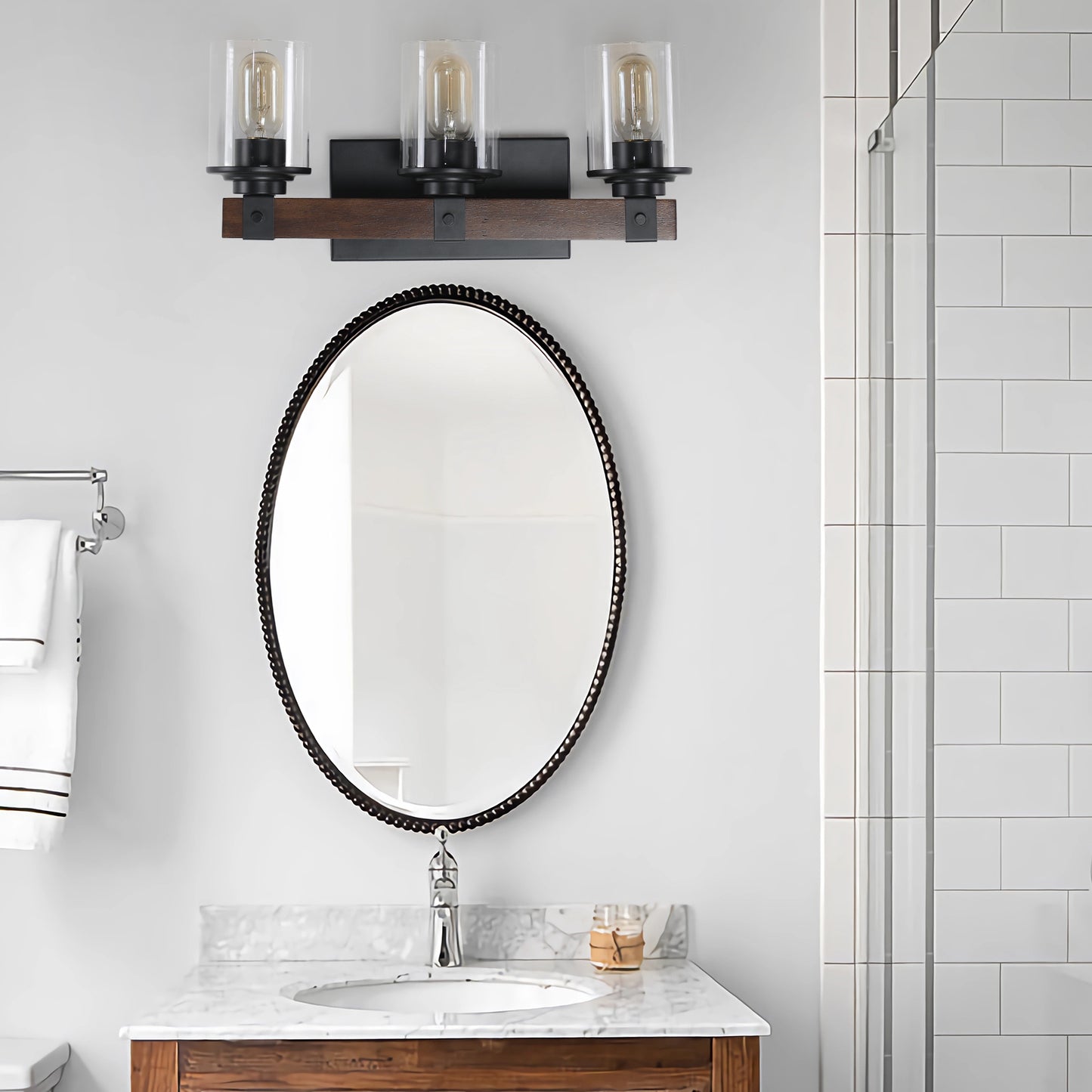 19in  Rustic 3-Light Vanity Light, Industrial Bathroom Wall Sconce With Glass Shades And Wood Accent, Modern Farmhouse Lighting Fixture  No Bulbs