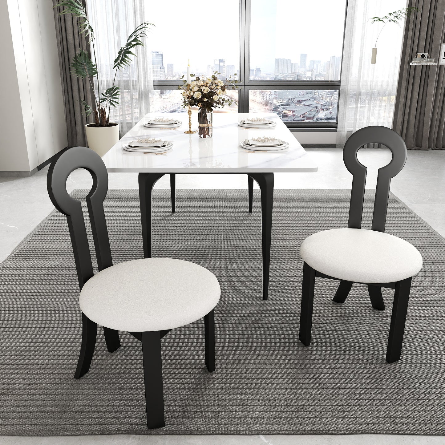 Vintage Rubber Solid Wood Dining Chair, Sheep Plush Dining Chair, Armless Dining Chair, Suitable For Small Home Dressing Room Model Room, Black Set Of 2